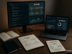 Moderner Arbeitsplatz mit Monitoren, Notizbüchern, Laptop und digitalen Diagrammen, die Content Loop Prozesse visualisieren, bei weichem Licht