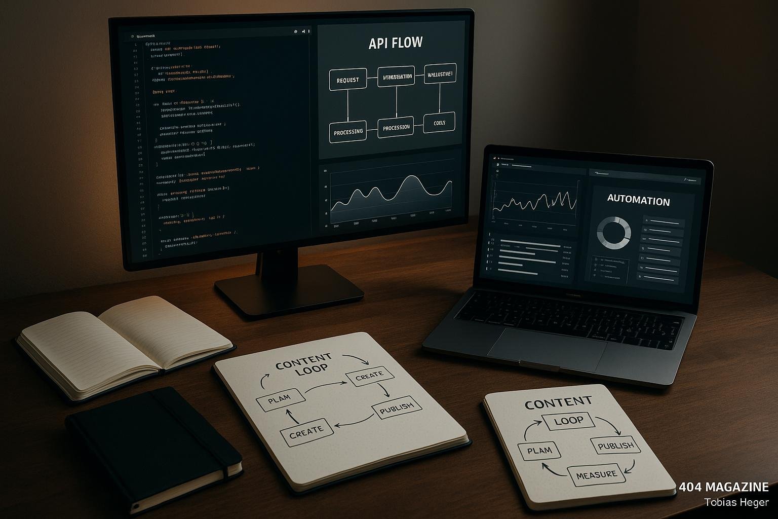 Moderner Arbeitsplatz mit Monitoren, Notizbüchern, Laptop und digitalen Diagrammen, die Content Loop Prozesse visualisieren, bei weichem Licht