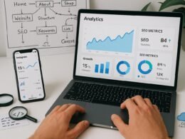 Laptop mit Analytics-Dashboard, Smartphone mit Instagram-Statistiken, Whiteboard mit SEO-Diagrammen, Tools wie Lupe, Stoppuhr und Cloud-Symbol im modernen digitalen Arbeitsplatz