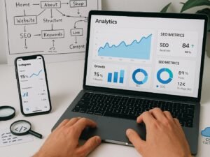 Laptop mit Analytics-Dashboard, Smartphone mit Instagram-Statistiken, Whiteboard mit SEO-Diagrammen, Tools wie Lupe, Stoppuhr und Cloud-Symbol im modernen digitalen Arbeitsplatz