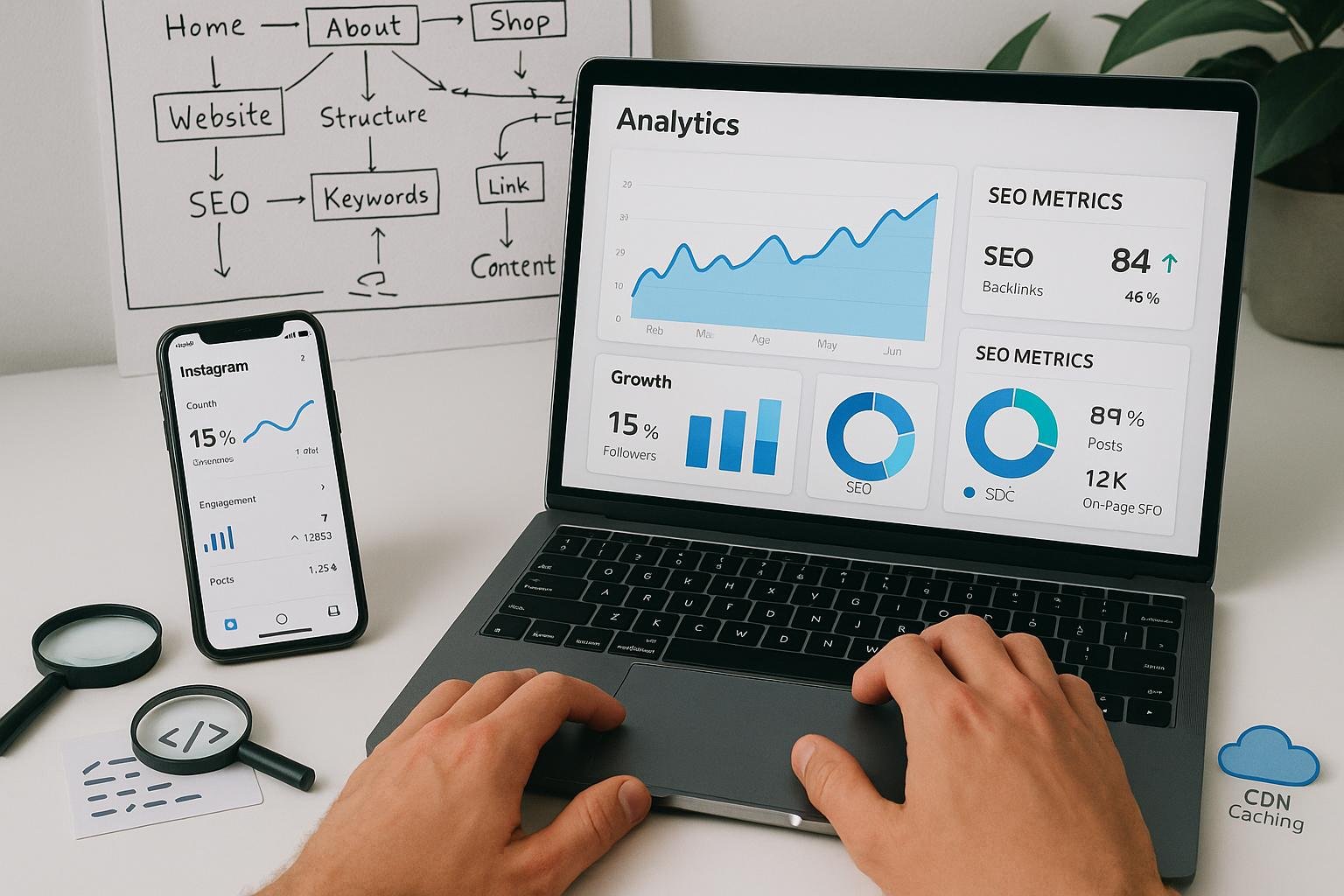 Laptop mit Analytics-Dashboard, Smartphone mit Instagram-Statistiken, Whiteboard mit SEO-Diagrammen, Tools wie Lupe, Stoppuhr und Cloud-Symbol im modernen digitalen Arbeitsplatz