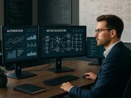 Modernes Büro mit großem Schreibtisch, mehreren Monitoren, Automatisierungs-Dashboards, Codezeilen, technischen Architekturzeichnungen und einer konzentrierten Person in Business-Kleidung.