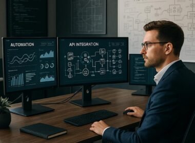 Modernes Büro mit großem Schreibtisch, mehreren Monitoren, Automatisierungs-Dashboards, Codezeilen, technischen Architekturzeichnungen und einer konzentrierten Person in Business-Kleidung.