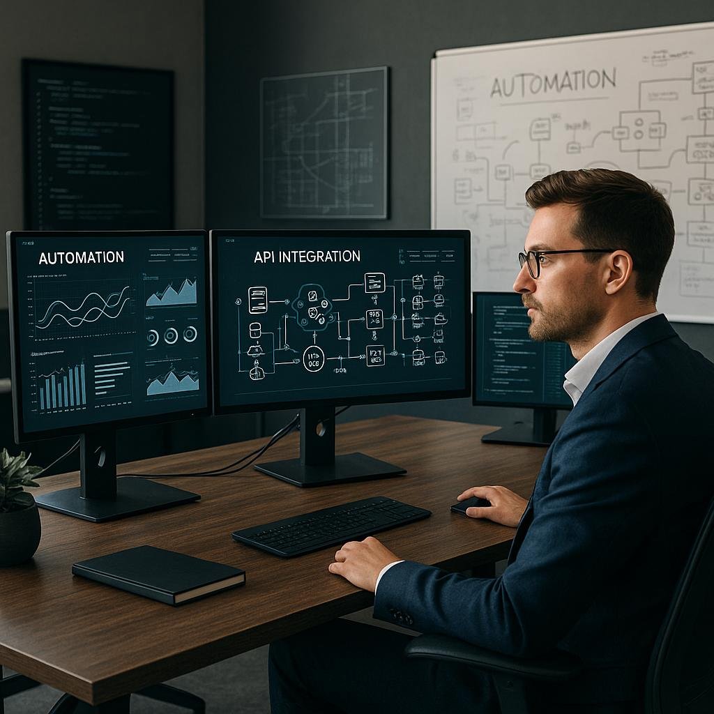 Modernes Büro mit großem Schreibtisch, mehreren Monitoren, Automatisierungs-Dashboards, Codezeilen, technischen Architekturzeichnungen und einer konzentrierten Person in Business-Kleidung.