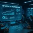 Futuristischer Büroarbeitsplatz im Influencer Marketing mit holografischem Dashboard, Teams mit Laptops und Tablets, digitaler Architektur auf Bildschirm, LEDs und Hightech-Geräte im Hintergrund