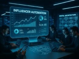 Futuristischer Büroarbeitsplatz im Influencer Marketing mit holografischem Dashboard, Teams mit Laptops und Tablets, digitaler Architektur auf Bildschirm, LEDs und Hightech-Geräte im Hintergrund