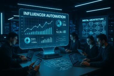 Futuristischer Büroarbeitsplatz im Influencer Marketing mit holografischem Dashboard, Teams mit Laptops und Tablets, digitaler Architektur auf Bildschirm, LEDs und Hightech-Geräte im Hintergrund
