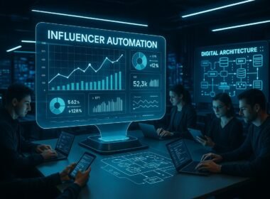 Futuristischer Büroarbeitsplatz im Influencer Marketing mit holografischem Dashboard, Teams mit Laptops und Tablets, digitaler Architektur auf Bildschirm, LEDs und Hightech-Geräte im Hintergrund