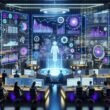 Futuristischer moderner Büroraum mit holographischen Interfaces, Data Lake Visualisierung und KI-gestützter Marketingautomatisierung.