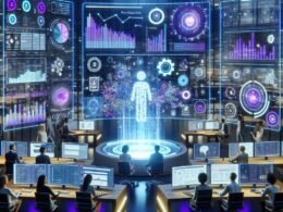 Futuristischer moderner Büroraum mit holographischen Interfaces, Data Lake Visualisierung und KI-gestützter Marketingautomatisierung.