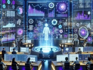 Futuristischer moderner Büroraum mit holographischen Interfaces, Data Lake Visualisierung und KI-gestützter Marketingautomatisierung.