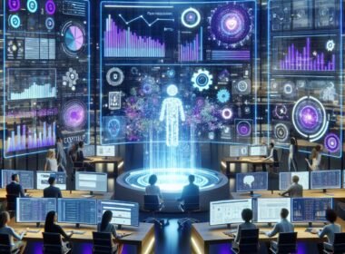 Futuristischer moderner Büroraum mit holographischen Interfaces, Data Lake Visualisierung und KI-gestützter Marketingautomatisierung.