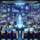 Futuristischer moderner Büroraum mit holographischen Interfaces, Data Lake Visualisierung und KI-gestützter Marketingautomatisierung.