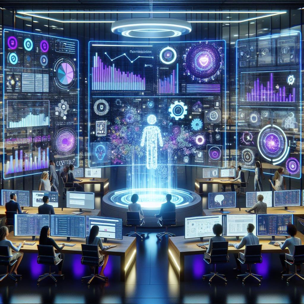 Futuristischer moderner Büroraum mit holographischen Interfaces, Data Lake Visualisierung und KI-gestützter Marketingautomatisierung.