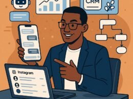 Ein Social Media Marketing Experte bei Instagram, umgeben von Illustrationen digitaler Marketing-Tools wie Chatbots, Analytik-Dashboards und Automatisierungs-Workflows. Szene zeigt moderne Technologie und strategisches Denken. Credit: 404 Magazine (Tobias Hager).
