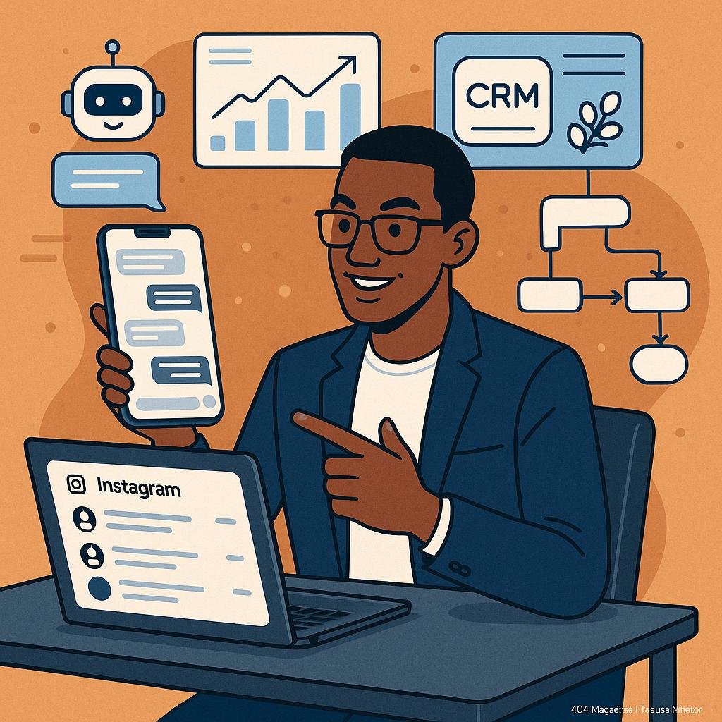 Ein Social Media Marketing Experte bei Instagram, umgeben von Illustrationen digitaler Marketing-Tools wie Chatbots, Analytik-Dashboards und Automatisierungs-Workflows. Szene zeigt moderne Technologie und strategisches Denken. Credit: 404 Magazine (Tobias Hager).