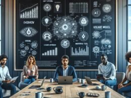 Vielfältiges Team arbeitet in einem modernen, minimalistischen Büro mit digitalem Whiteboard, das Diagramme, Preistabellen und Grafiken zu KI-Pricing-Modellen zeigt, um Kostenstrategien bei Open AI zu erörtern. Credit: 404 Magazine (Tobias Hager).