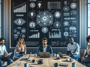 Vielfältiges Team arbeitet in einem modernen, minimalistischen Büro mit digitalem Whiteboard, das Diagramme, Preistabellen und Grafiken zu KI-Pricing-Modellen zeigt, um Kostenstrategien bei Open AI zu erörtern. Credit: 404 Magazine (Tobias Hager).