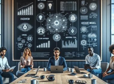 Vielfältiges Team arbeitet in einem modernen, minimalistischen Büro mit digitalem Whiteboard, das Diagramme, Preistabellen und Grafiken zu KI-Pricing-Modellen zeigt, um Kostenstrategien bei Open AI zu erörtern. Credit: 404 Magazine (Tobias Hager).