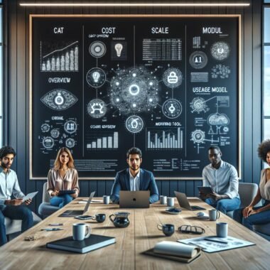 Vielfältiges Team arbeitet in einem modernen, minimalistischen Büro mit digitalem Whiteboard, das Diagramme, Preistabellen und Grafiken zu KI-Pricing-Modellen zeigt, um Kostenstrategien bei Open AI zu erörtern. Credit: 404 Magazine (Tobias Hager).