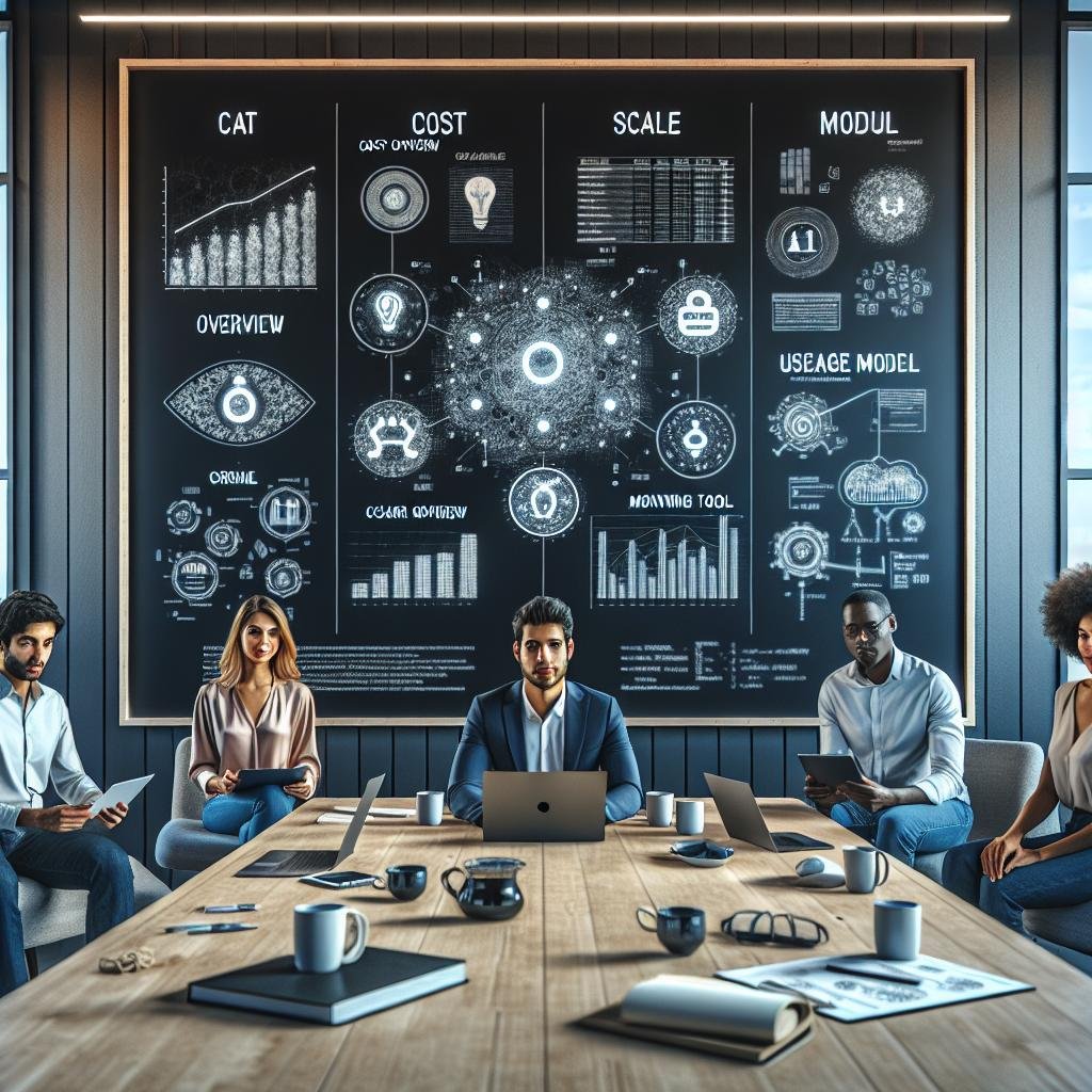 Vielfältiges Team arbeitet in einem modernen, minimalistischen Büro mit digitalem Whiteboard, das Diagramme, Preistabellen und Grafiken zu KI-Pricing-Modellen zeigt, um Kostenstrategien bei Open AI zu erörtern. Credit: 404 Magazine (Tobias Hager).
