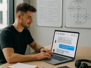 Junger Social Media Marketer arbeitet an einem Laptop in einem modernen, kreativen Büro mit Whiteboards im Hintergrund und technischen Geräten auf dem Schreibtisch