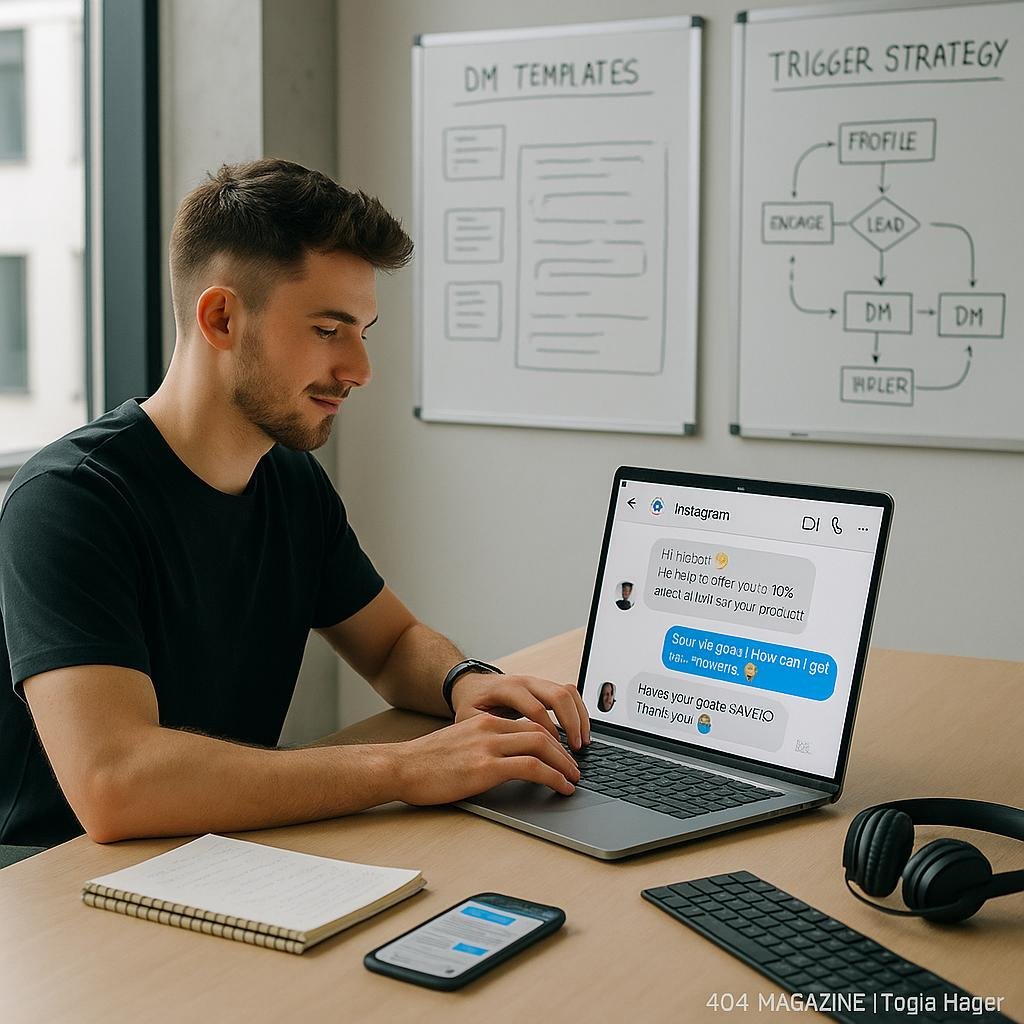 Junger Social Media Marketer arbeitet an einem Laptop in einem modernen, kreativen Büro mit Whiteboards im Hintergrund und technischen Geräten auf dem Schreibtisch