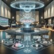 Futuristisches Studio mit holographischen Klangvisualisierungen, transparenter Klangmaschine, virtuellen Akustiksimulationen und moderner technischer Vernetzung, dargestellt mit einer Person, die intuitiv mit den Daten interagiert. Credit: 404 Magazine (Tobias Hager).