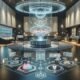Futuristisches Studio mit holographischen Klangvisualisierungen, transparenter Klangmaschine, virtuellen Akustiksimulationen und moderner technischer Vernetzung, dargestellt mit einer Person, die intuitiv mit den Daten interagiert. Credit: 404 Magazine (Tobias Hager).