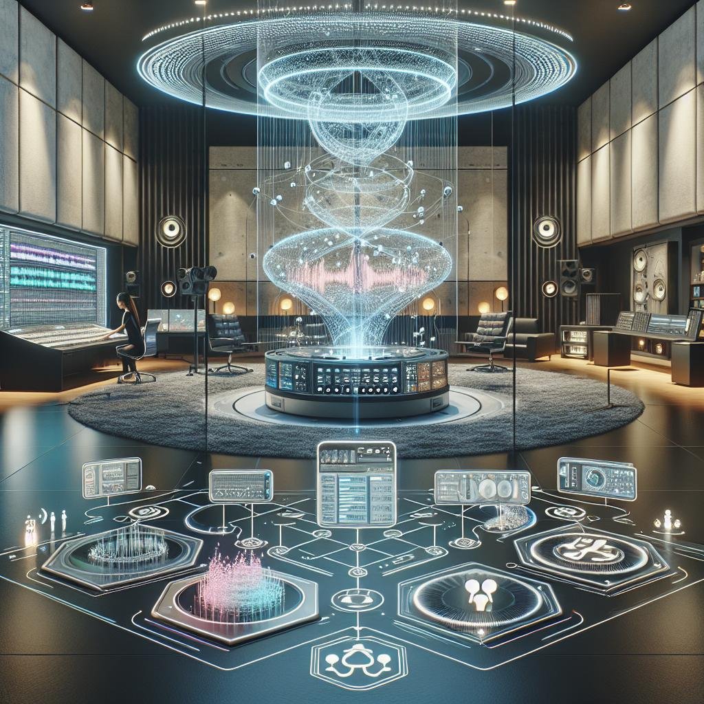 Futuristisches Studio mit holographischen Klangvisualisierungen, transparenter Klangmaschine, virtuellen Akustiksimulationen und moderner technischer Vernetzung, dargestellt mit einer Person, die intuitiv mit den Daten interagiert. Credit: 404 Magazine (Tobias Hager).