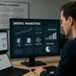 Fokussierter Marketer am großen Monitor, der Datenanalyse- und Optimierungsgrafiken zeigt, mit Symbolen für Facebook Pixel, Datenfeeds und Zielgruppenparameter. Hintergrund mit Whiteboard und Laptop.