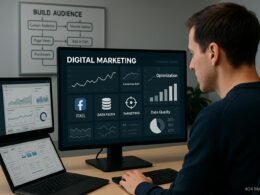 Fokussierter Marketer am großen Monitor, der Datenanalyse- und Optimierungsgrafiken zeigt, mit Symbolen für Facebook Pixel, Datenfeeds und Zielgruppenparameter. Hintergrund mit Whiteboard und Laptop.