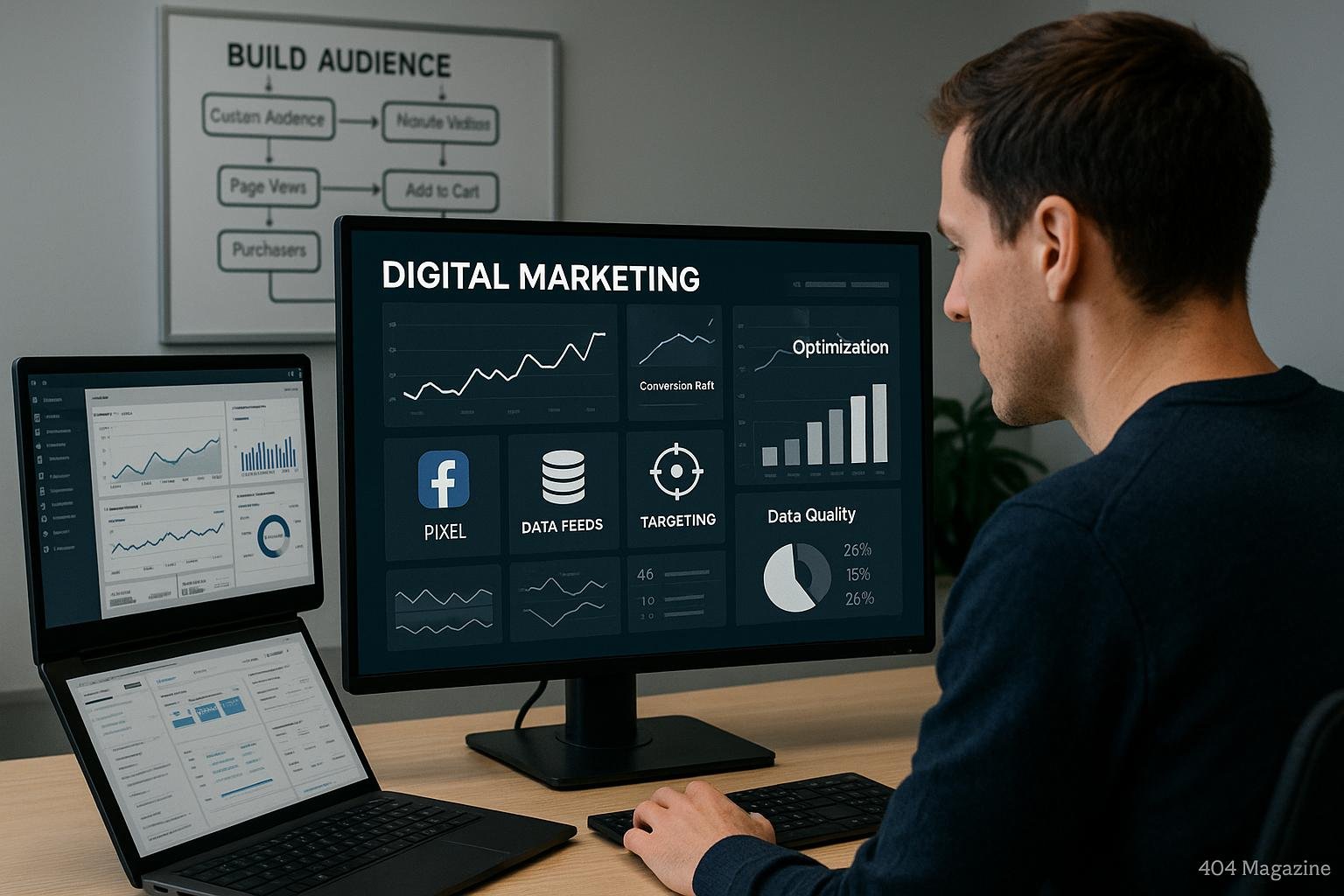 Fokussierter Marketer am großen Monitor, der Datenanalyse- und Optimierungsgrafiken zeigt, mit Symbolen für Facebook Pixel, Datenfeeds und Zielgruppenparameter. Hintergrund mit Whiteboard und Laptop.