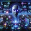 Futuristische Kommunikationszentrale mit holografischen Datenvisualisierungen, KI-Assistent mit leuchtenden Augen und umgebenden Touchscreens, die multimediale Datenströme und neuronale Netzwerke darstellen.