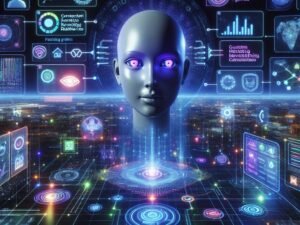 Futuristische Kommunikationszentrale mit holografischen Datenvisualisierungen, KI-Assistent mit leuchtenden Augen und umgebenden Touchscreens, die multimediale Datenströme und neuronale Netzwerke darstellen.
