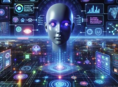 Futuristische Kommunikationszentrale mit holografischen Datenvisualisierungen, KI-Assistent mit leuchtenden Augen und umgebenden Touchscreens, die multimediale Datenströme und neuronale Netzwerke darstellen.