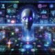 Futuristische Kommunikationszentrale mit holografischen Datenvisualisierungen, KI-Assistent mit leuchtenden Augen und umgebenden Touchscreens, die multimediale Datenströme und neuronale Netzwerke darstellen.