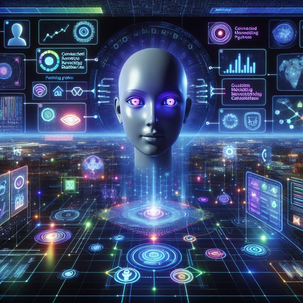 Futuristische Kommunikationszentrale mit holografischen Datenvisualisierungen, KI-Assistent mit leuchtenden Augen und umgebenden Touchscreens, die multimediale Datenströme und neuronale Netzwerke darstellen.
