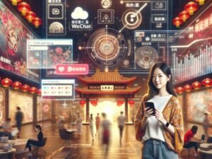 Junge chinesische Frau, die mit ihrem Smartphone WeChat nutzt, im Hintergrund ein modernes Büro mit Social-Media-Icons und traditionellen chinesischen Motiven.