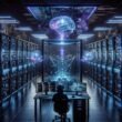 Futuristischer Raum mit Serverrack, virtualisierten neuronalen Netzen und einer mysteriösen Figur in VR-Brille, die moralische und technologische Kontroversen symbolisiert