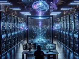 Futuristischer Raum mit Serverrack, virtualisierten neuronalen Netzen und einer mysteriösen Figur in VR-Brille, die moralische und technologische Kontroversen symbolisiert