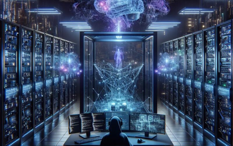 Futuristischer Raum mit Serverrack, virtualisierten neuronalen Netzen und einer mysteriösen Figur in VR-Brille, die moralische und technologische Kontroversen symbolisiert