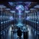 Futuristischer Raum mit Serverrack, virtualisierten neuronalen Netzen und einer mysteriösen Figur in VR-Brille, die moralische und technologische Kontroversen symbolisiert