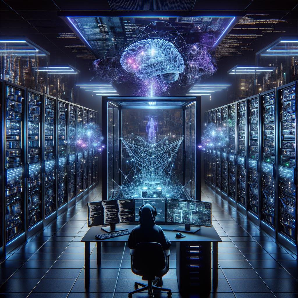 Futuristischer Raum mit Serverrack, virtualisierten neuronalen Netzen und einer mysteriösen Figur in VR-Brille, die moralische und technologische Kontroversen symbolisiert