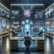 Futuristisches Büro mit mehreren Bildschirmen, holographischen Projektionsflächen und technischer Ausstattung, die KI-gestützte Content-Strategie visualisieren. Hinter dem Techniker sind interaktive Touchscreens und Galaxy-ähnliche Netzwerke sichtbar. Credit: 404 Magazine (Tobias Hager)