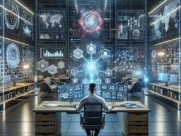 Futuristisches Büro mit mehreren Bildschirmen, holographischen Projektionsflächen und technischer Ausstattung, die KI-gestützte Content-Strategie visualisieren. Hinter dem Techniker sind interaktive Touchscreens und Galaxy-ähnliche Netzwerke sichtbar. Credit: 404 Magazine (Tobias Hager)