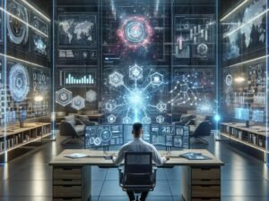 Futuristisches Büro mit mehreren Bildschirmen, holographischen Projektionsflächen und technischer Ausstattung, die KI-gestützte Content-Strategie visualisieren. Hinter dem Techniker sind interaktive Touchscreens und Galaxy-ähnliche Netzwerke sichtbar. Credit: 404 Magazine (Tobias Hager)