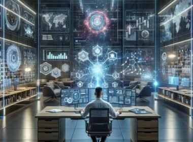 Futuristisches Büro mit mehreren Bildschirmen, holographischen Projektionsflächen und technischer Ausstattung, die KI-gestützte Content-Strategie visualisieren. Hinter dem Techniker sind interaktive Touchscreens und Galaxy-ähnliche Netzwerke sichtbar. Credit: 404 Magazine (Tobias Hager)