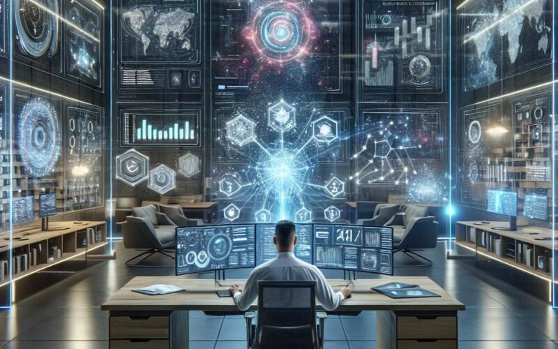 Futuristisches Büro mit mehreren Bildschirmen, holographischen Projektionsflächen und technischer Ausstattung, die KI-gestützte Content-Strategie visualisieren. Hinter dem Techniker sind interaktive Touchscreens und Galaxy-ähnliche Netzwerke sichtbar. Credit: 404 Magazine (Tobias Hager)