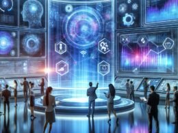 Futuristische Marketing- und Datenanalyse-Scene mit holographischen Interfaces und KI-Visualisierungen in einem modernen Büro, Szene von Tobias Hager, 404 Magazine
